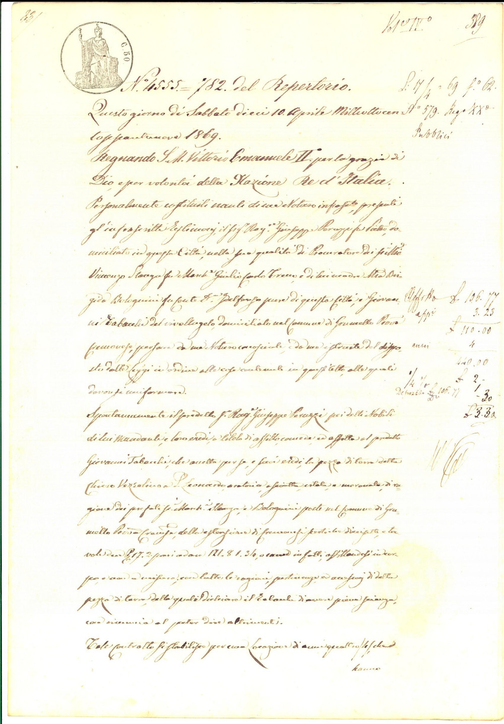 Documento originale, autentico 1869 GRUMELLO CREMONESE Nobile Vincenzo STANGA affitta terra a Giovanni TABACCHI 1