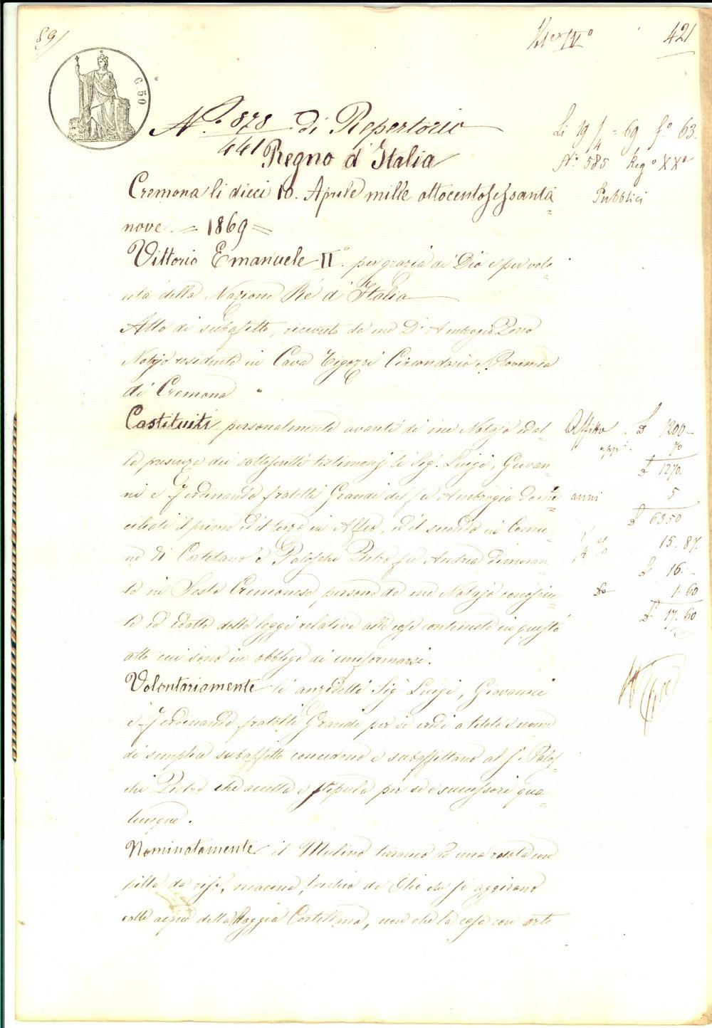 Documento originale, autentico 1869 CORTETANO CR Fratelli GRANDI subaffittano a Pietro POLOSCHI mulino e casa 1