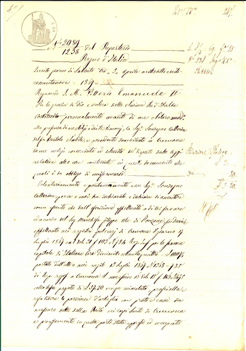 Documento originale, autentico 1869 CREMONA CORPI SANTI Caterina SONZOGNO svincola porziona casa con ortaglia 1