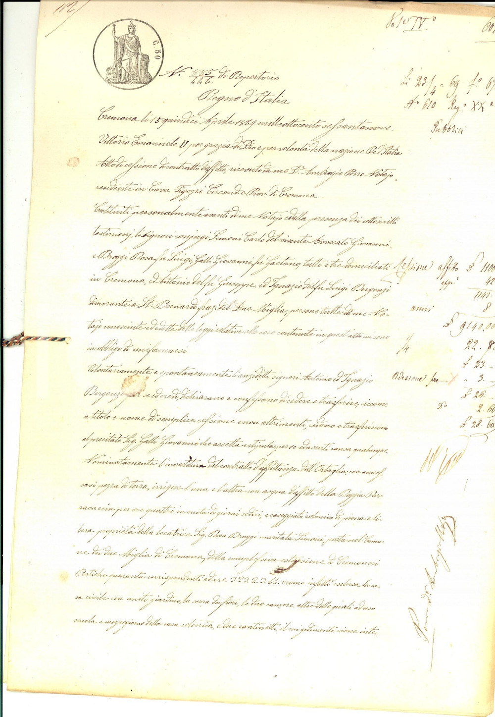 Documento originale, autentico 1869 DUEMIGLIA CREMONA Fratelli BERGONZI cedono affitto ortaglia di Rosa BROGGI 1