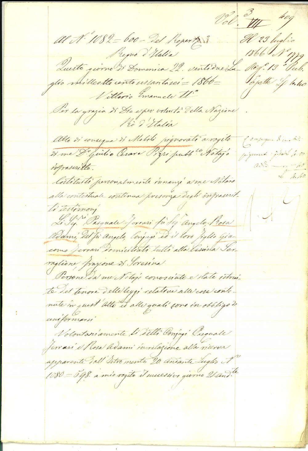 Documento originale, autentico 1866 SORESINA Consegna mobili pignorati Marianna VERTUA in cascina SERRAGLIONE 1