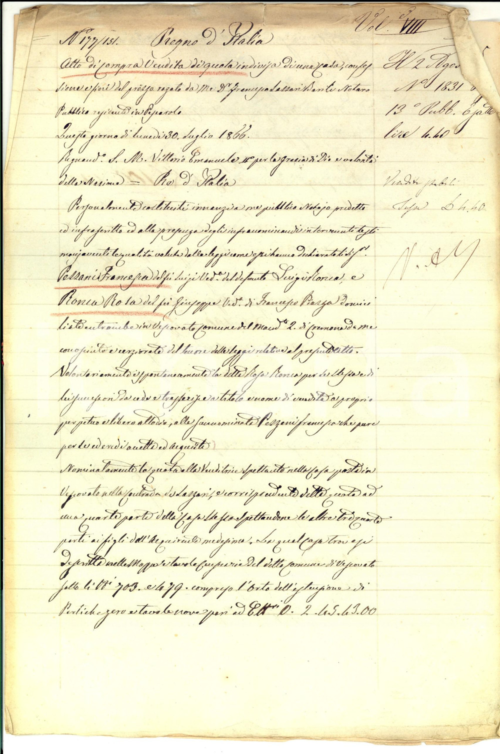 Documento originale, autentico 1866 VESCOVATO Rosa RONCA vende a Francesca PEZZANI quota casa contrada LAZZARI 1