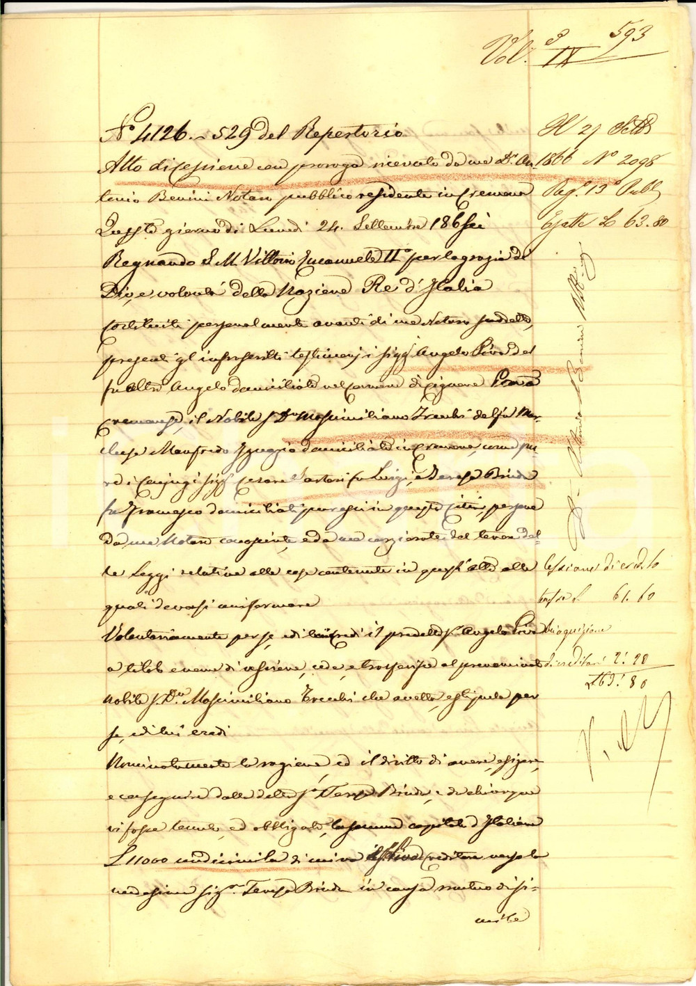 Documento originale, autentico 1866 CORTE DE  CORTESI CON CIGNONE Angelo PIVA cede diritti su credito BINDA 1