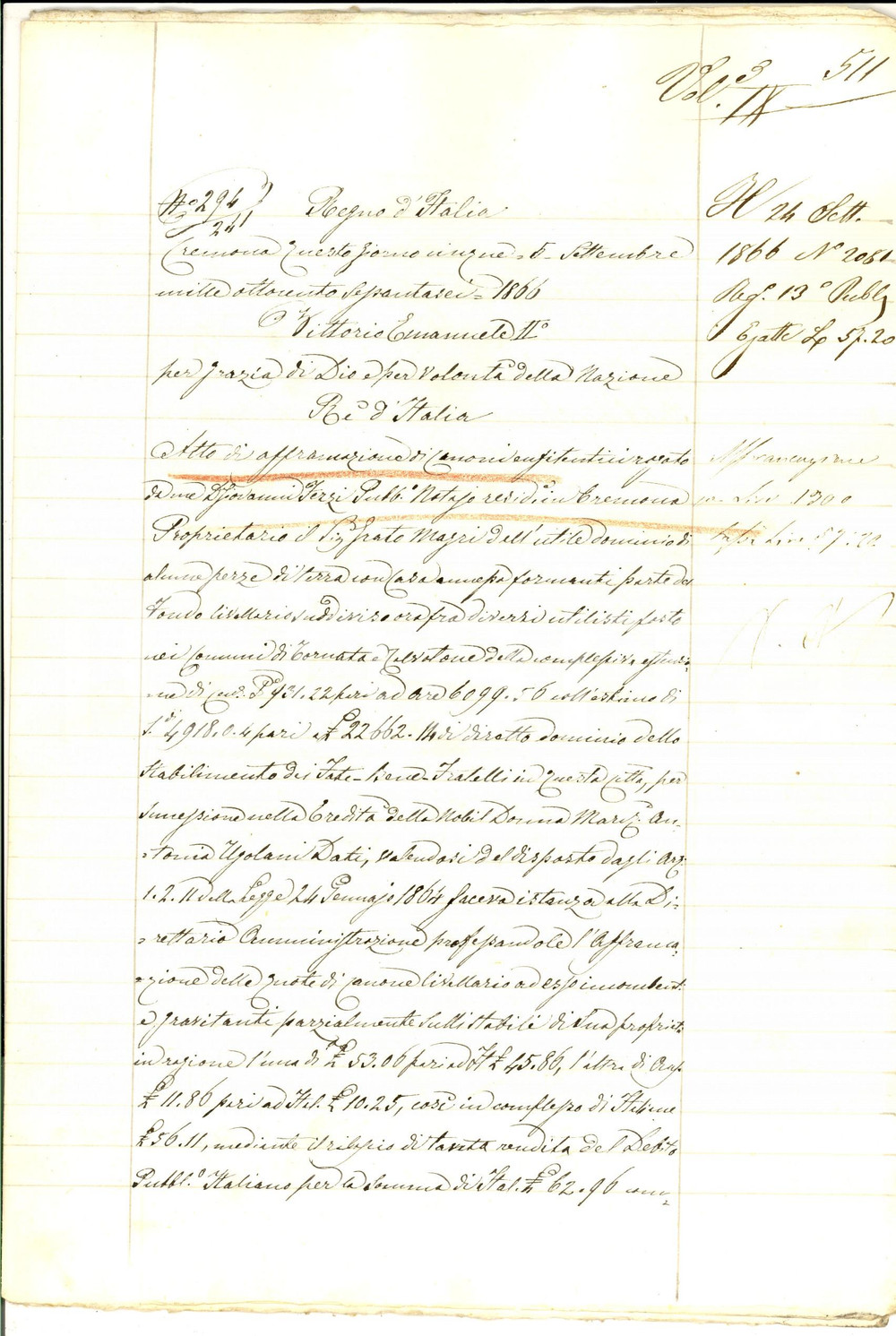 Documento originale, autentico 1866 TORNATA / CALVATONE CR Affrancazione canoni eredi Dorina UGOLANI DATI 1