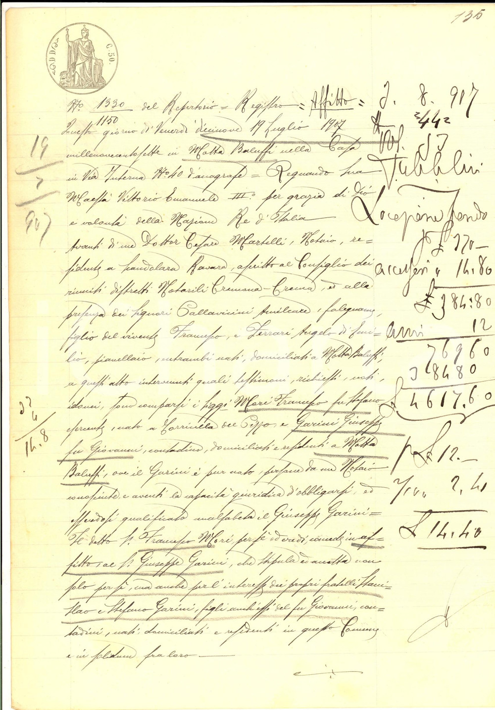 1907 MOTTA BALUFFI Francesco MORI affita a Giuseppe GARINI campo BROLETTO