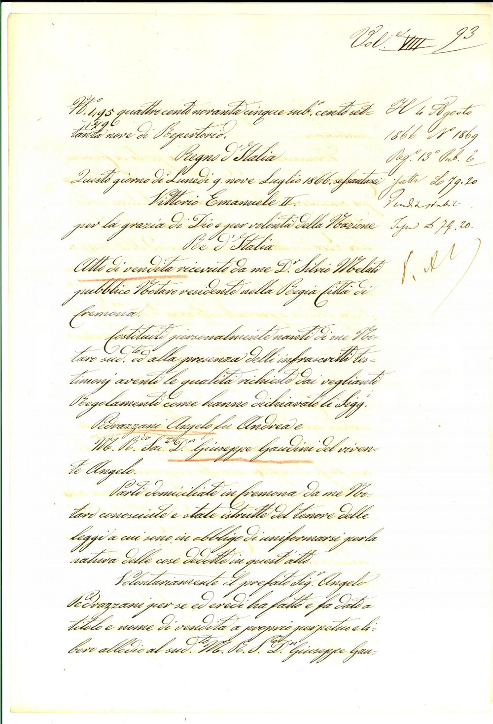 1866 CREMONA Angelo PEDRAZZANI vende a Giuseppe GAUDINI casa via RIVA FREDDA