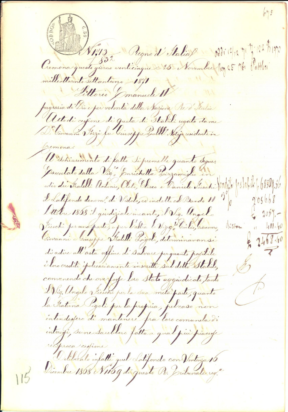 Documento originale, autentico 1871 CA  DE  SFONDRATI CR Cessione latifondo fratelli PIGOLI ad Angelo FIESCHI 1