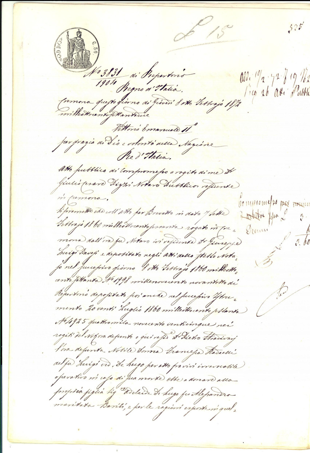 Documento originale, autentico 1872 CREMONA CORPI SANTI Compromesso per ereditÃ  Francesca RADAELLI DE LUGO 1