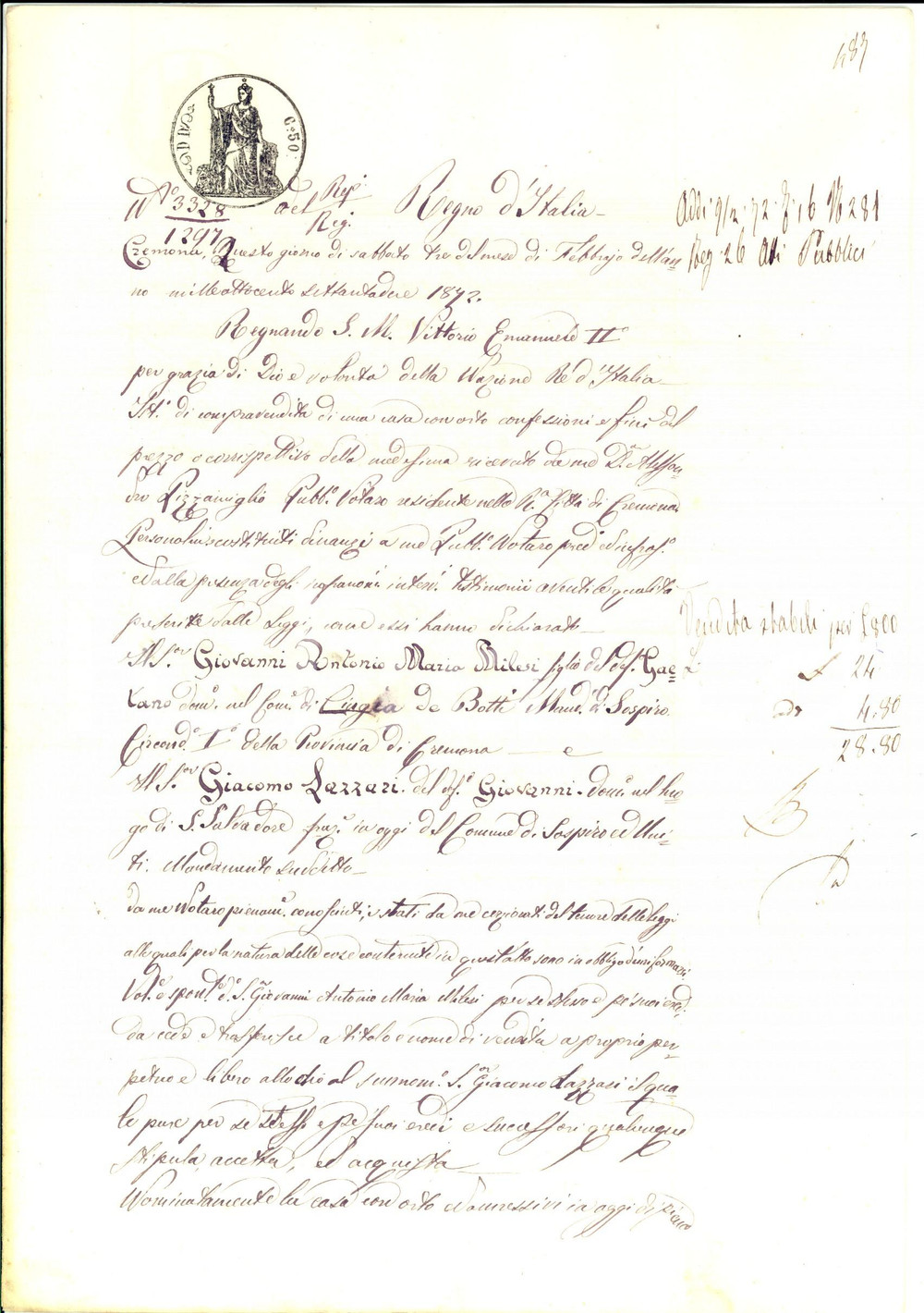 Documento originale, autentico 1872 SOSPIRO CR Giovanni MILESI vende casa con orto a Giacomo LAZZARI 1