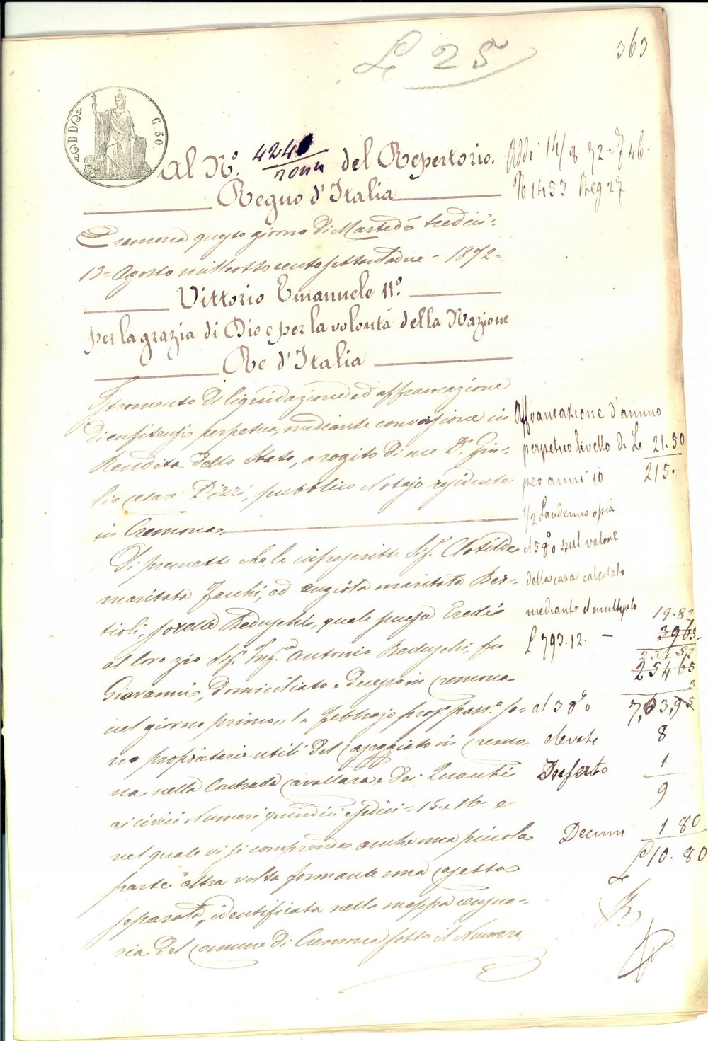 Documento originale, autentico 1872 CREMONA Affrancazione di enfiteusi pro PIO ISTITUTO ELEMOSINIERE 1