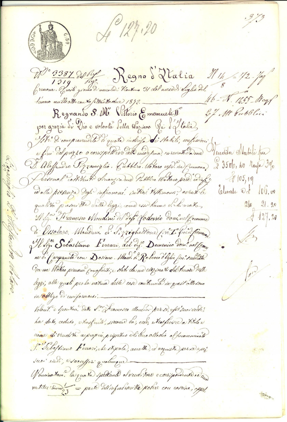 Documento originale, autentico 1872 PERSICO DOSIMO CR Francesco MONDINI vende podere CA  DEL FREZZO DI SOTTO 1