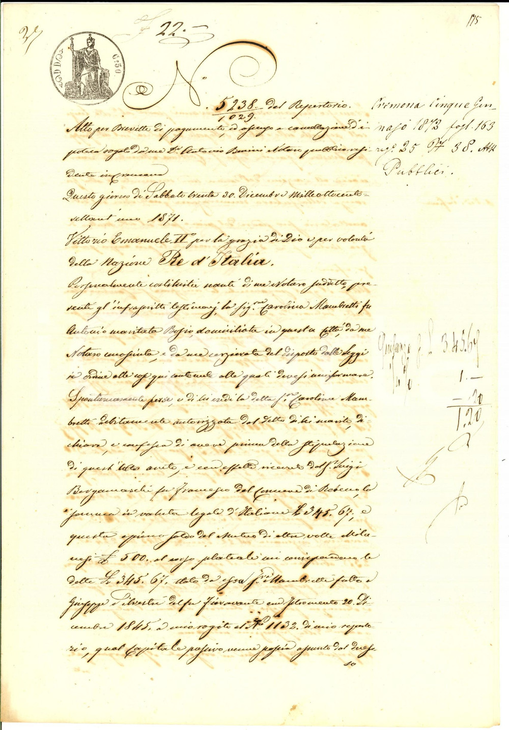 Documento originale, autentico 1871 CREMONA Quietanza Carolina MAMBRETTI pro Luigi BERGAMASCHI per saldo debito 1