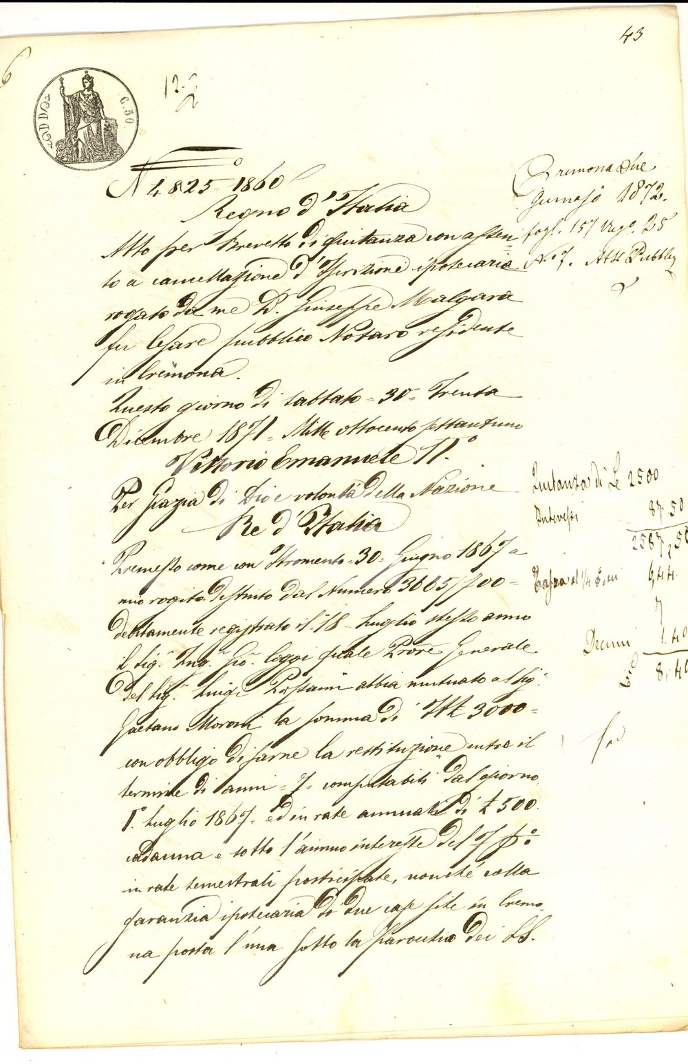 Documento originale, autentico 1871 CREMONA Quietanza ad Agostino TRONCONI per saldo debito Luigi PASSANI 1