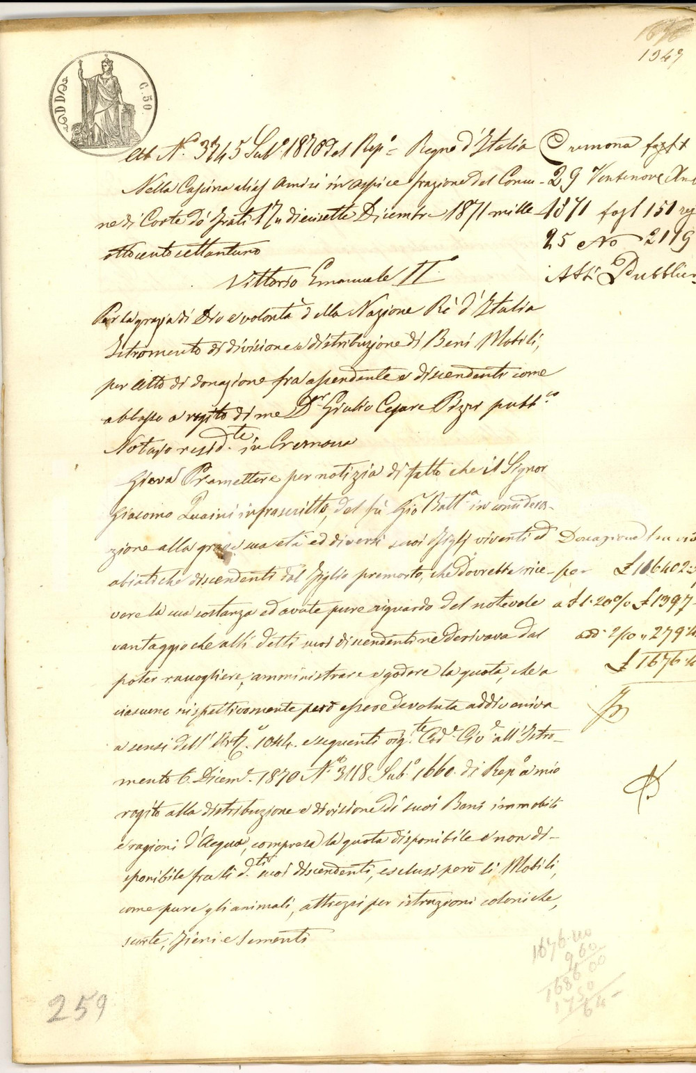 Documento originale, autentico 1871 GAMBINA BARCHETTI / ROBECCO CR Donazione cascina Giacomo QUAINI ai figli 1