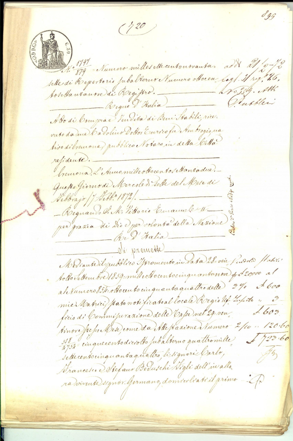 Documento originale, autentico 1872 SAN DANIELE PO CR Carlo BEDUSCHI vende poderi ai fratelli 74 pp. 1