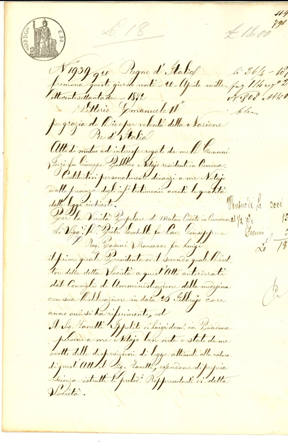 Documento originale, autentico 1872 CREMONA Prestito SocietÃ  Popolare di Mutuo Credito a Ippolito ZANETTI 1