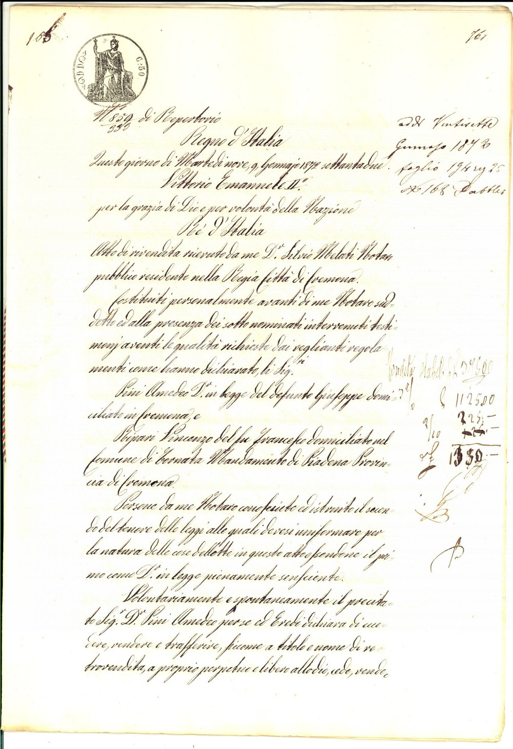 Documento originale, autentico 1872 TORNATA Retrovendita Amedeo PINI  Vincenzo RIPARI stabile DELLA TORNATA 1