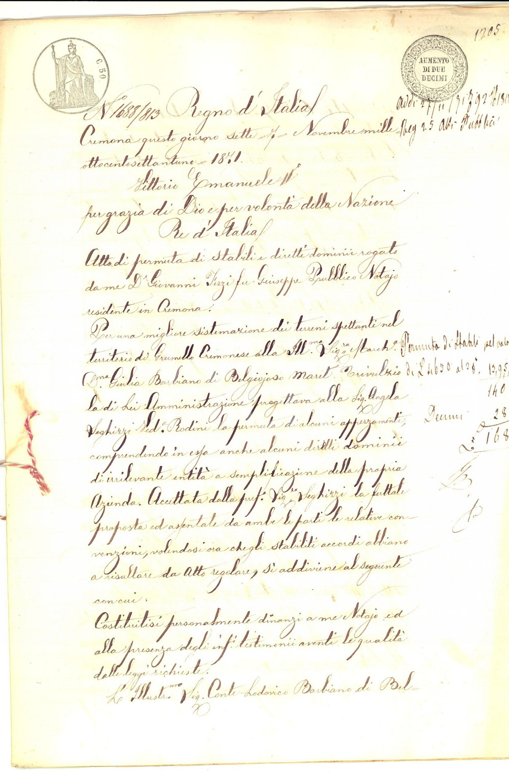 Documento originale, autentico 1871 GRUMELLO CREMONESE Permuta terre nobile Giulia BARBIANO DI BELGIOJOSO 1