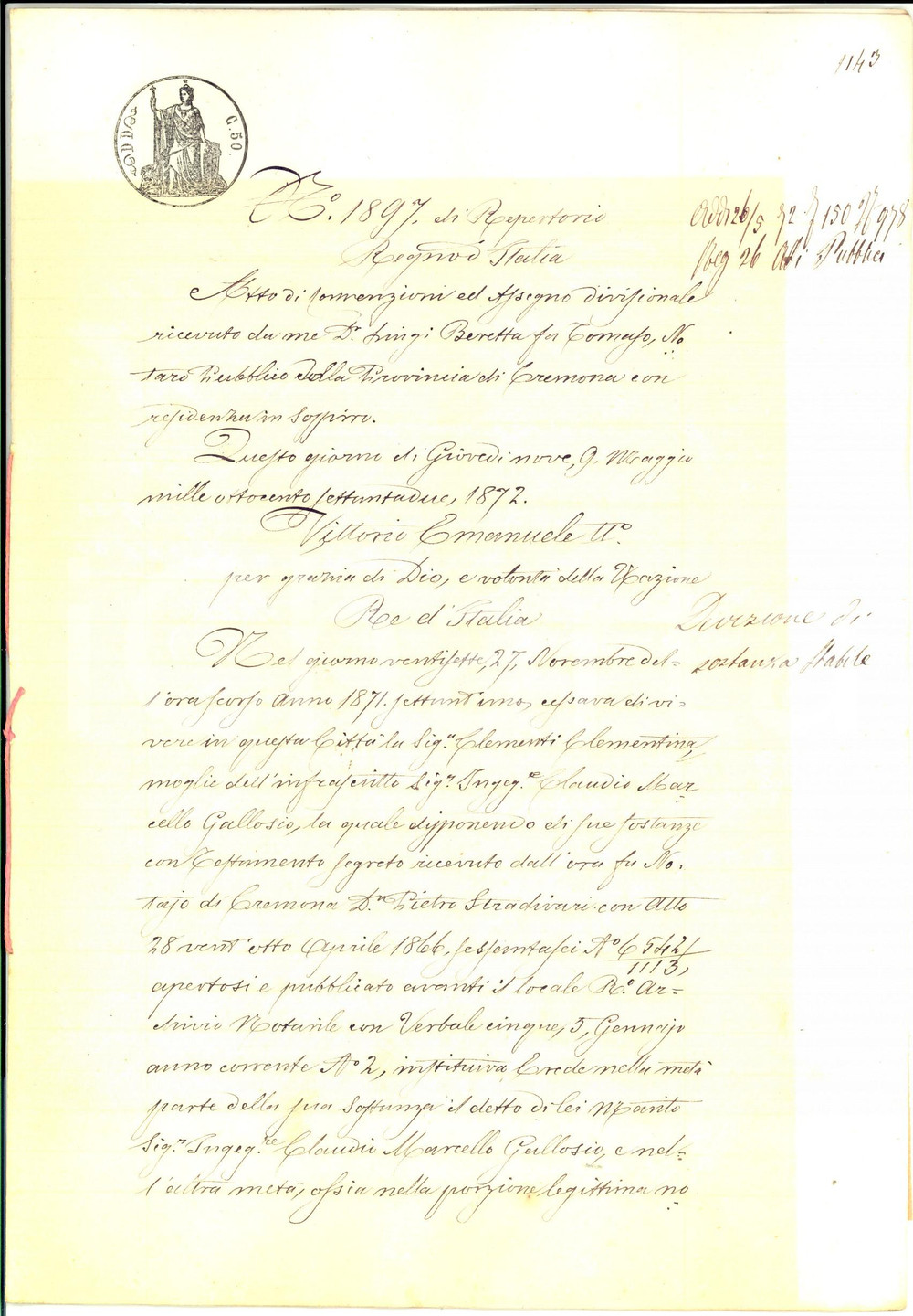 Documento originale, autentico 1872 CREMONA Atto divisione ereditÃ  Clementina CLEMENTI in GALLOSIO Manoscritto 1