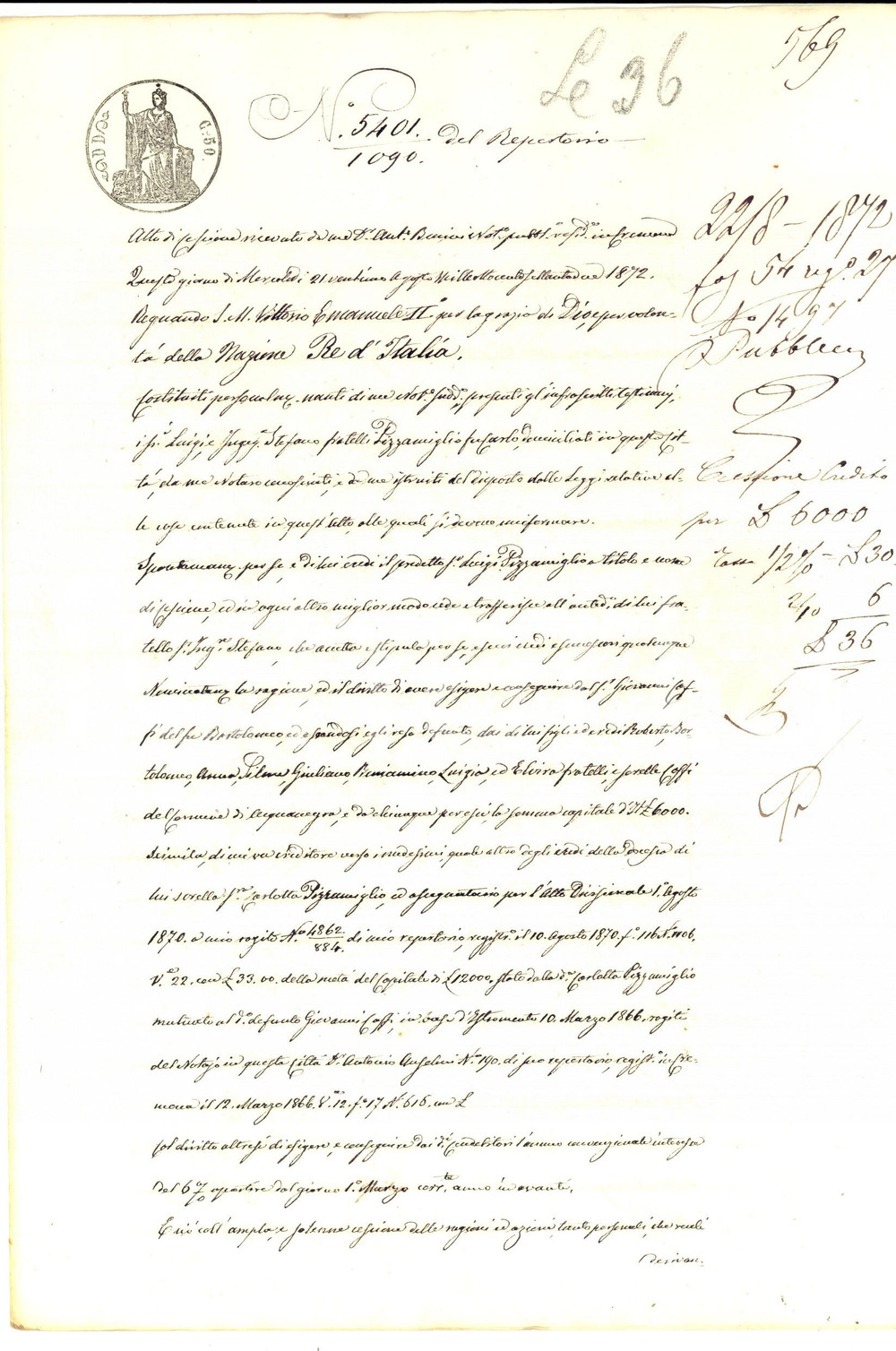 Documento originale, autentico 1872 ACQUANEGRA SUL CHIESE Luigi PIZZAMIGLIO cede credito verso famiglia COFFI 1