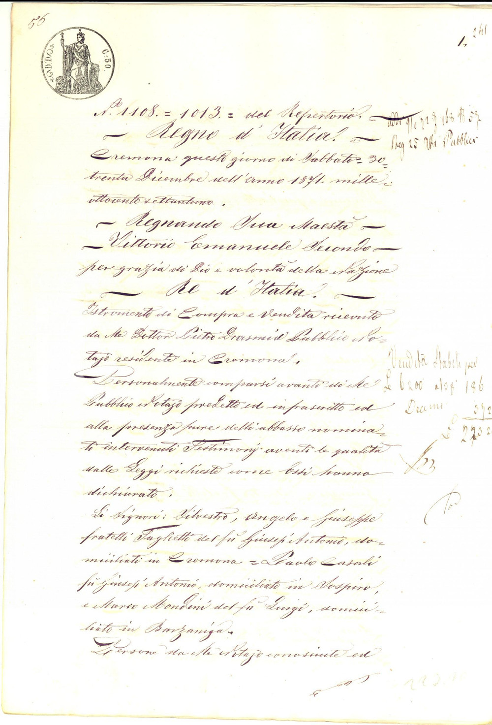 Documento originale, autentico 1871 BARZANIGA CR Fratelli TAGLIETTI vendono casa e terra a Marco MONDINI 1