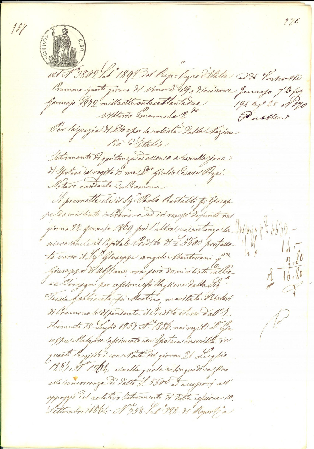 Documento originale, autentico 1872 CREMONA Quietanza Angela BOJARDI per credito defunto marito Paolo RASTELLI 1
