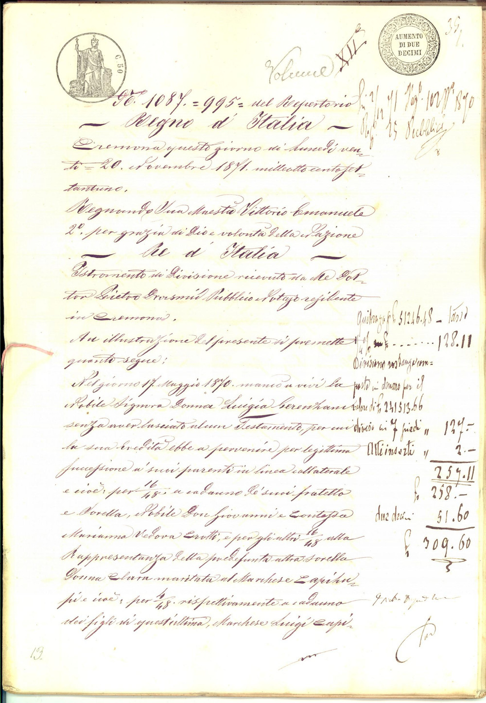 1871 CREMONA Divisione ereditaria beni defunta nobile Luigia GERENZANI 56 pp.