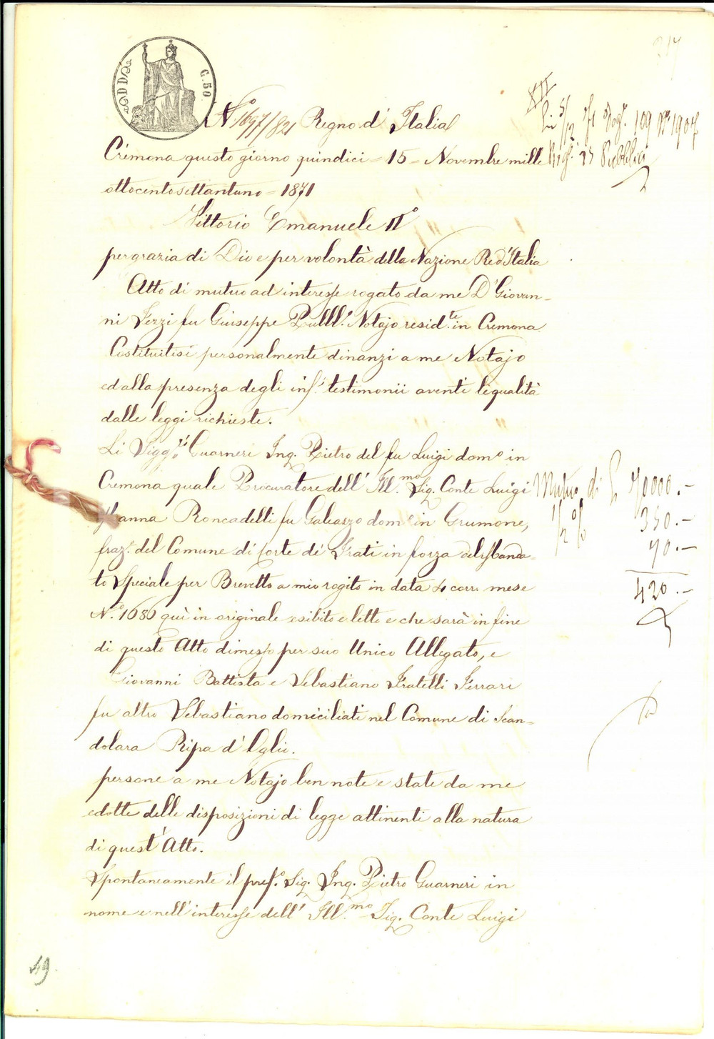 Documento originale, autentico 1871 CREMONA Contratto mutuo fratelli FERRARI vs conte Luigi MANNA RONCADELLI 1