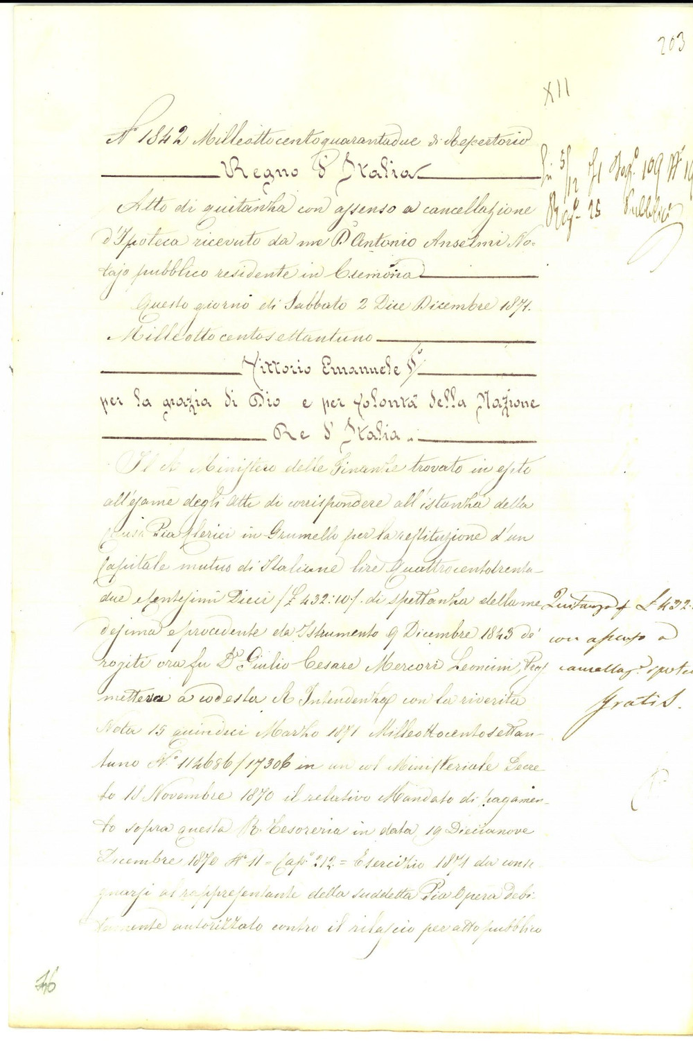Documento originale, autentico 1871 GRUMELLO CREMONESE Quietanza Albino REMONDI  Pia Causa CLERICI Manoscritto 1