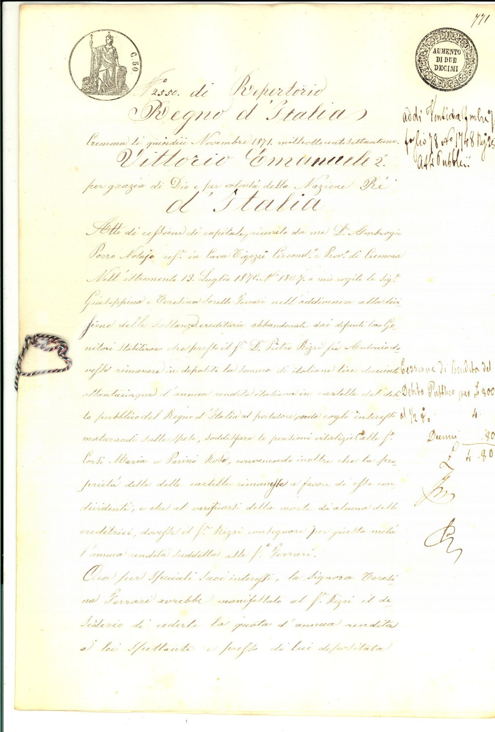 Documento originale, autentico 1871 MANTOVA Cessione di capitale Teresina FERRARI pro Pietro RIZZI Manoscritto 1