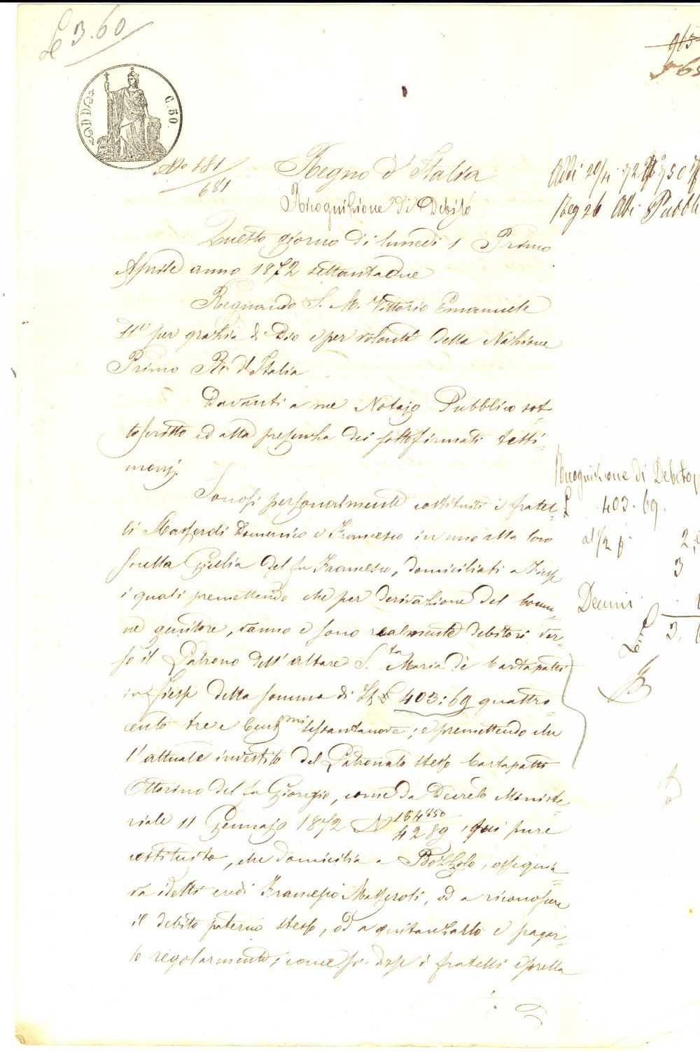 Documento originale, autentico 1872 FIESSE BS Ricognizione debito fratelli MASSEROLI vs patronato CARTAPATTI 1