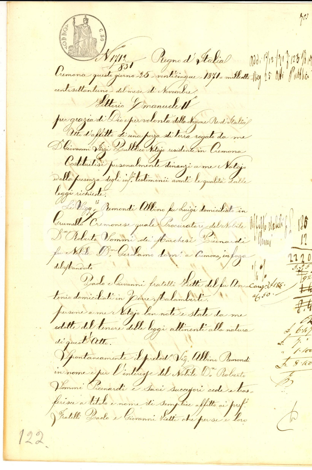Documento originale, autentico 1871 TORRE DE  PICENARDI Nobile Roberto SOMMI PICENARDI affitta campo PARMIGIANA 1