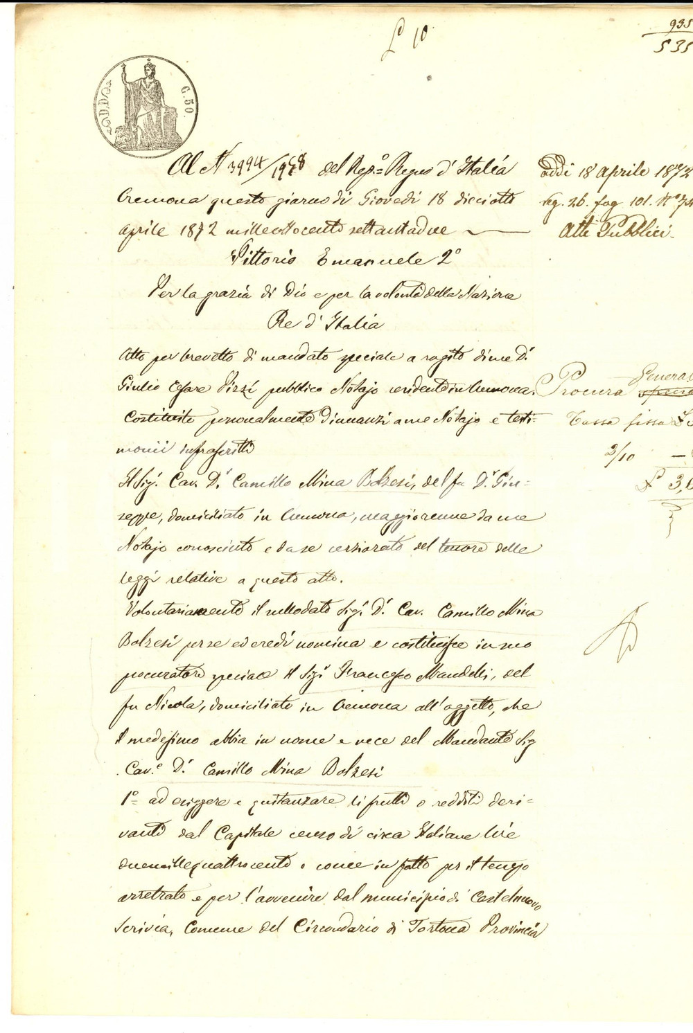 Documento originale, autentico 1872 CREMONA Mandato speciale di Camillo MINA BOLZESI a Francesco MANDELLI 1
