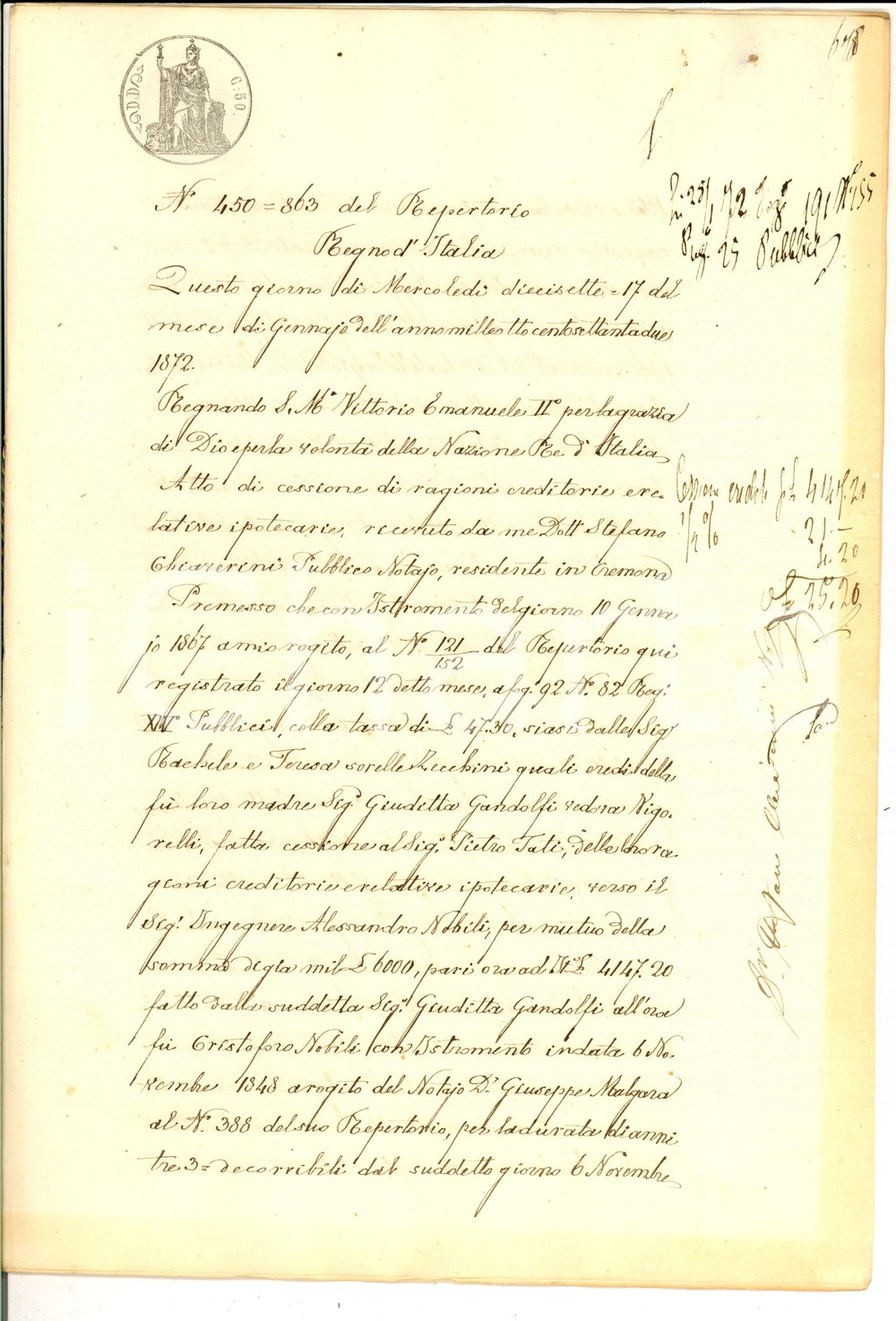 Documento originale, autentico 1872 CREMONA Cessione di ragioni Pietro TATI a Maria FRASCHINI su eredi NOBILI 1