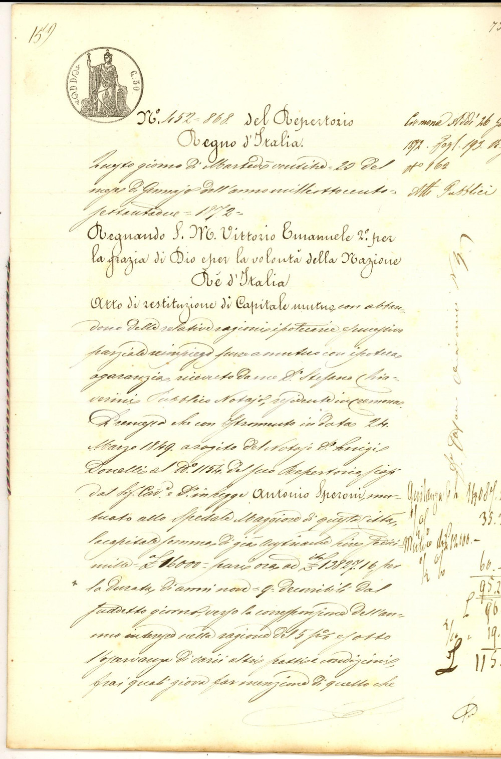 Documento originale, autentico 1872 CREMONA Restituzione capitale mutuo Pietro BAROLI pro Congregazione CaritÃ  1