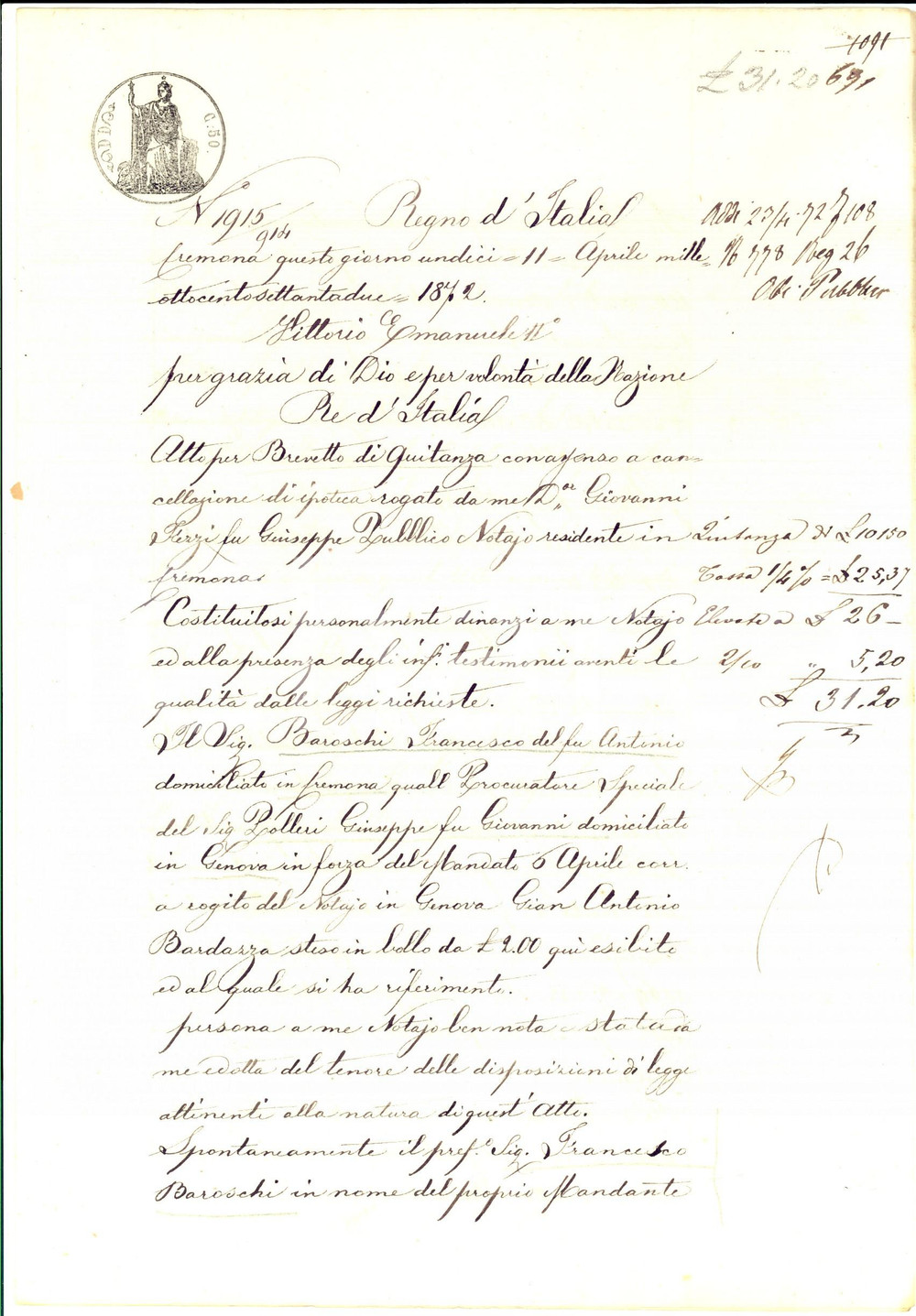 Documento originale, autentico 1872 CREMONA Quietanza mutuo al conte Carlo CASTELBARCO VISCONTI SIMONETTA 1