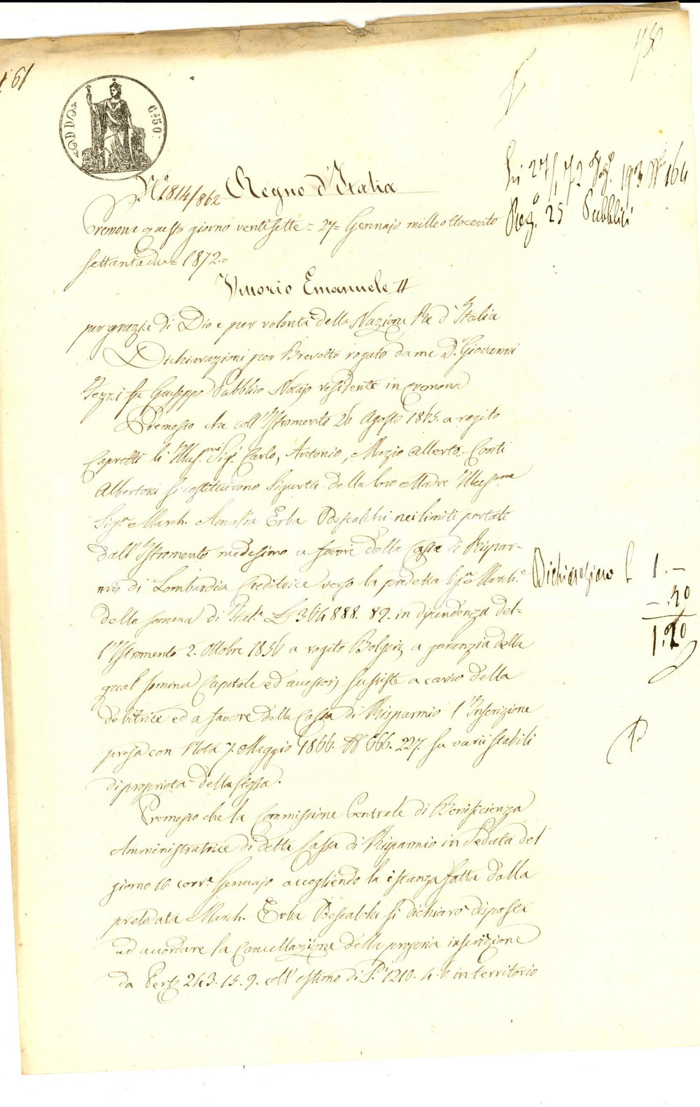 Documento originale, autentico 1872 CREMONA Quietanza pro marchesa Amalia ERBA ODESCALCHI Manoscritto 1