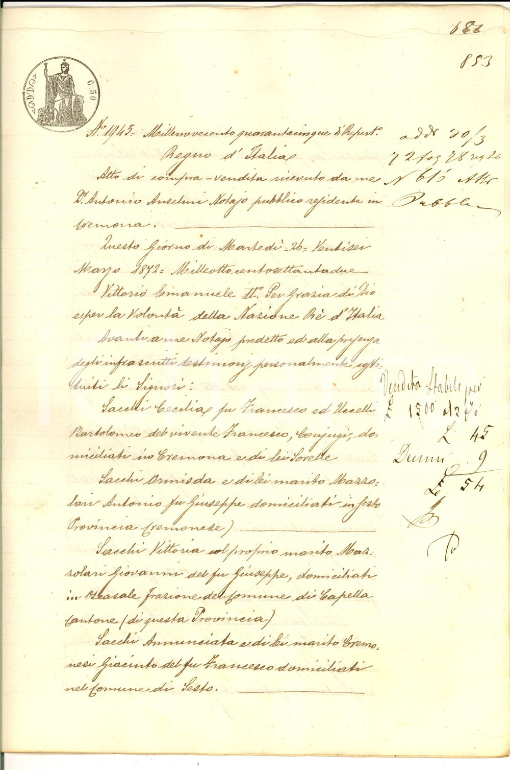 Documento originale, autentico 1872 CROTTA D ADDA CR Sorelle SACCHI vendono LE BOMBARDE a Giuseppe FERRARI 1