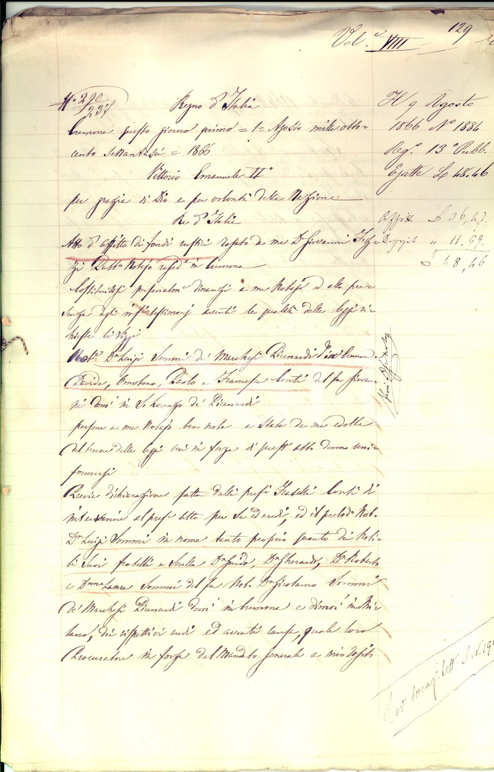 Documento originale, autentico 1866 TORRE DE  PICENARDI Luigi SOMMI PICENARDI affitta terra a fratelli CONTI 1