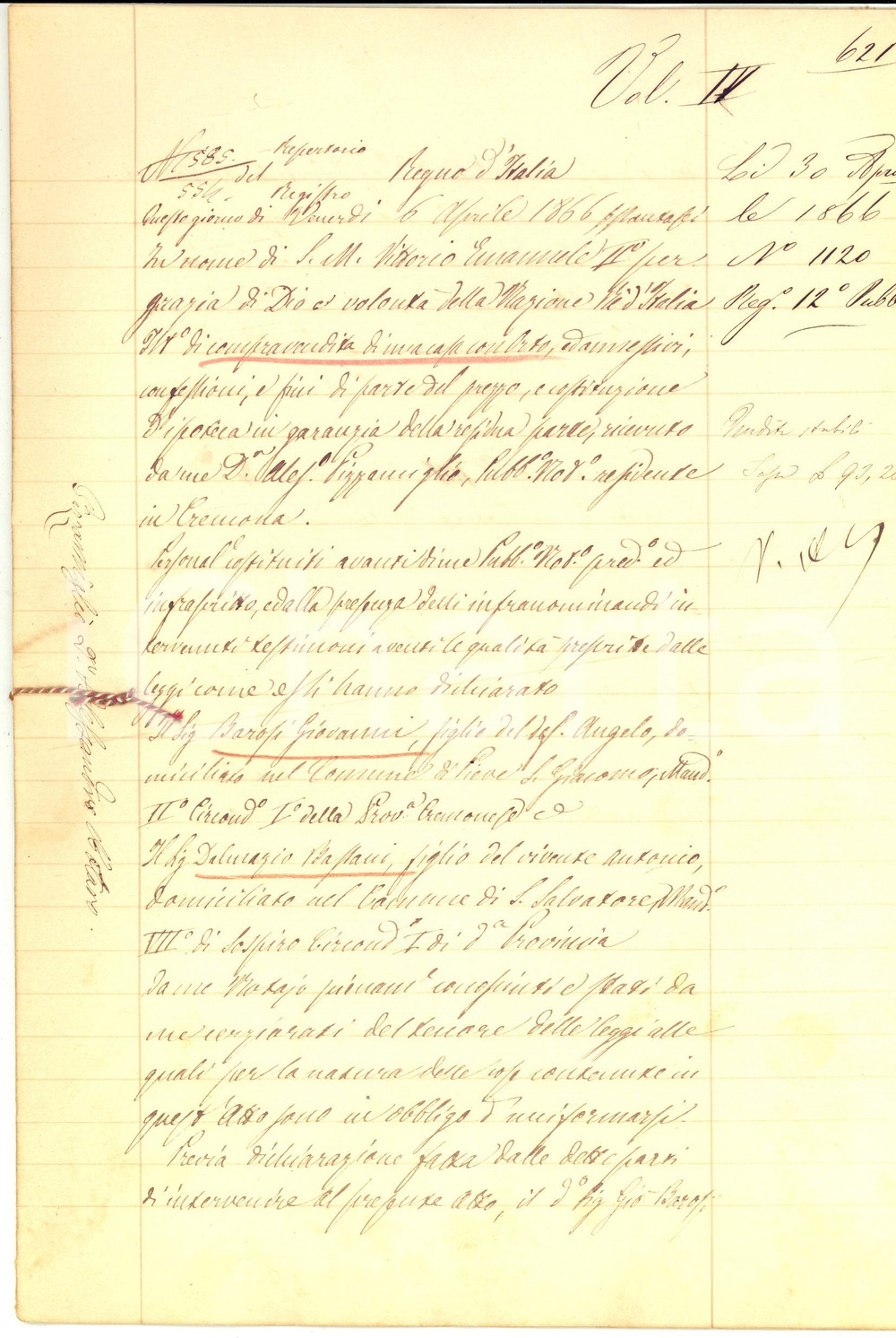 Documento originale, autentico 1866 SAN SALVATORE / SOSPIRO CR Giovanni BAROSI vende casa a Dalmazio BASSANI 1