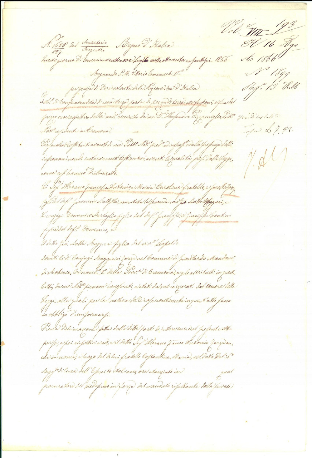 Documento originale, autentico 1866 GRONTARDO CR Fratelli ZORZA vendono CAMPO CASTAGNO a Giuseppa CONTINI 1