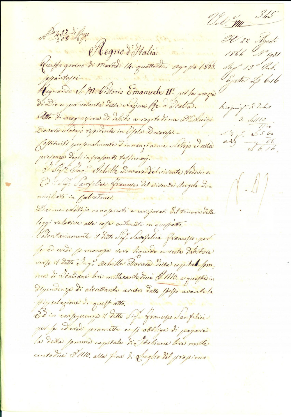1866 ISOLA DOVARESE Ricognizione debito Francesco SANFELICI pro Achille DOVARA