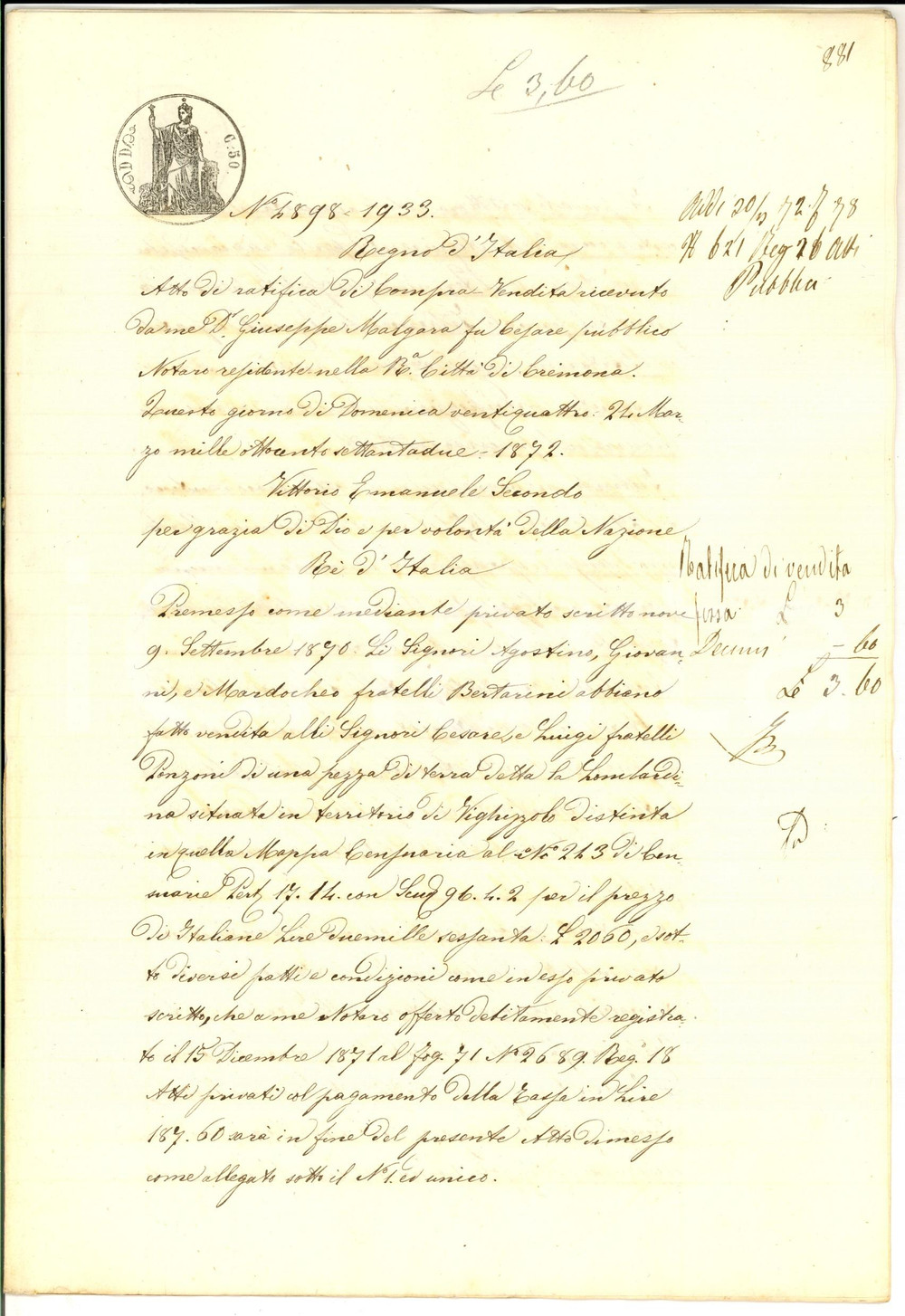 Documento originale, autentico 1872 VIGHIZZOLO/ CAPPELLA DE  PICENARDI Ratifica vendita casa fratelli BERTARINI 1