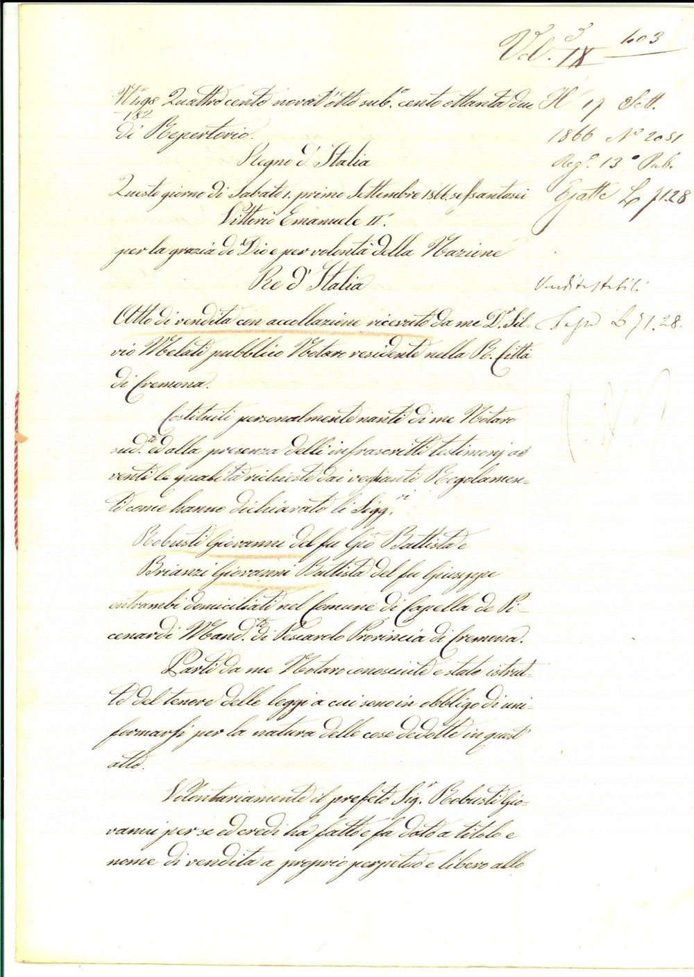 Documento originale, autentico 1866 CAPPELLA PICENARDI Giovanni ROBUSTI vende terra a Giovanni Battista BRIANZI 1