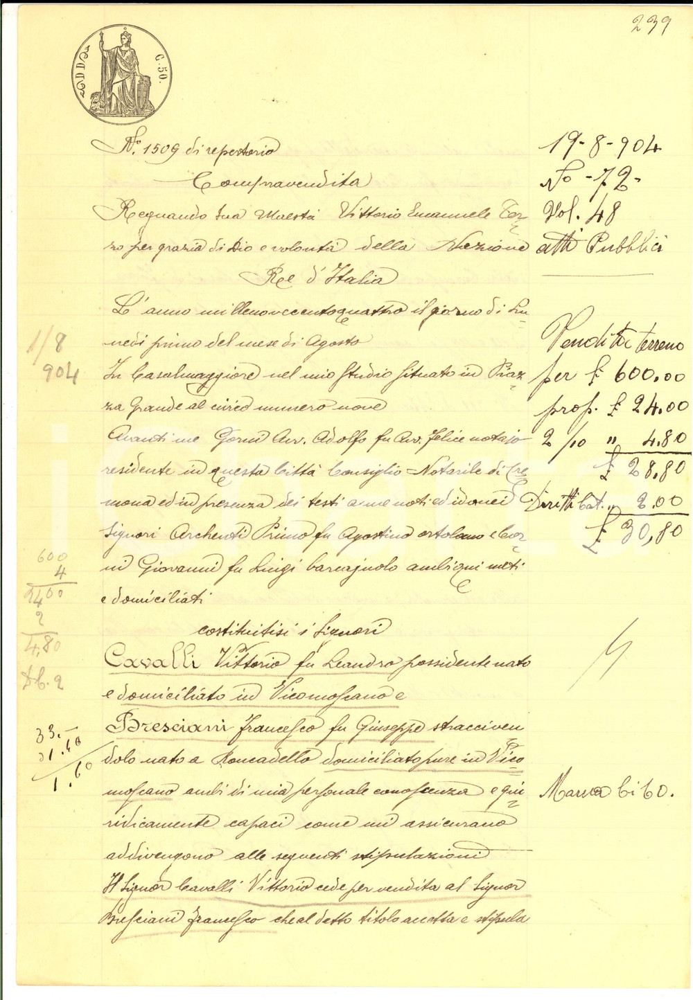 Documento originale, autentico 1904 FOSSACAPRARA Vittorio CAVALLI vende campo MAROCCHI a Francesco BRESCIANI 1