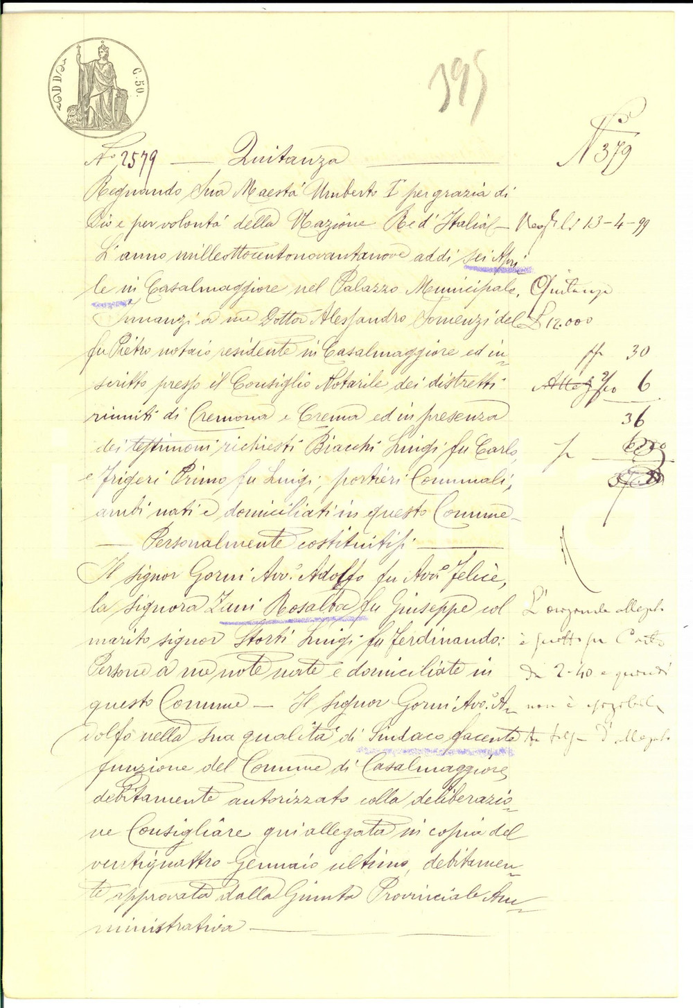 Documento originale, autentico 1899 CASALMAGGIORE Quietanza avv. Adolfo ADORNI a Rosalba ZANI Manoscritto 1