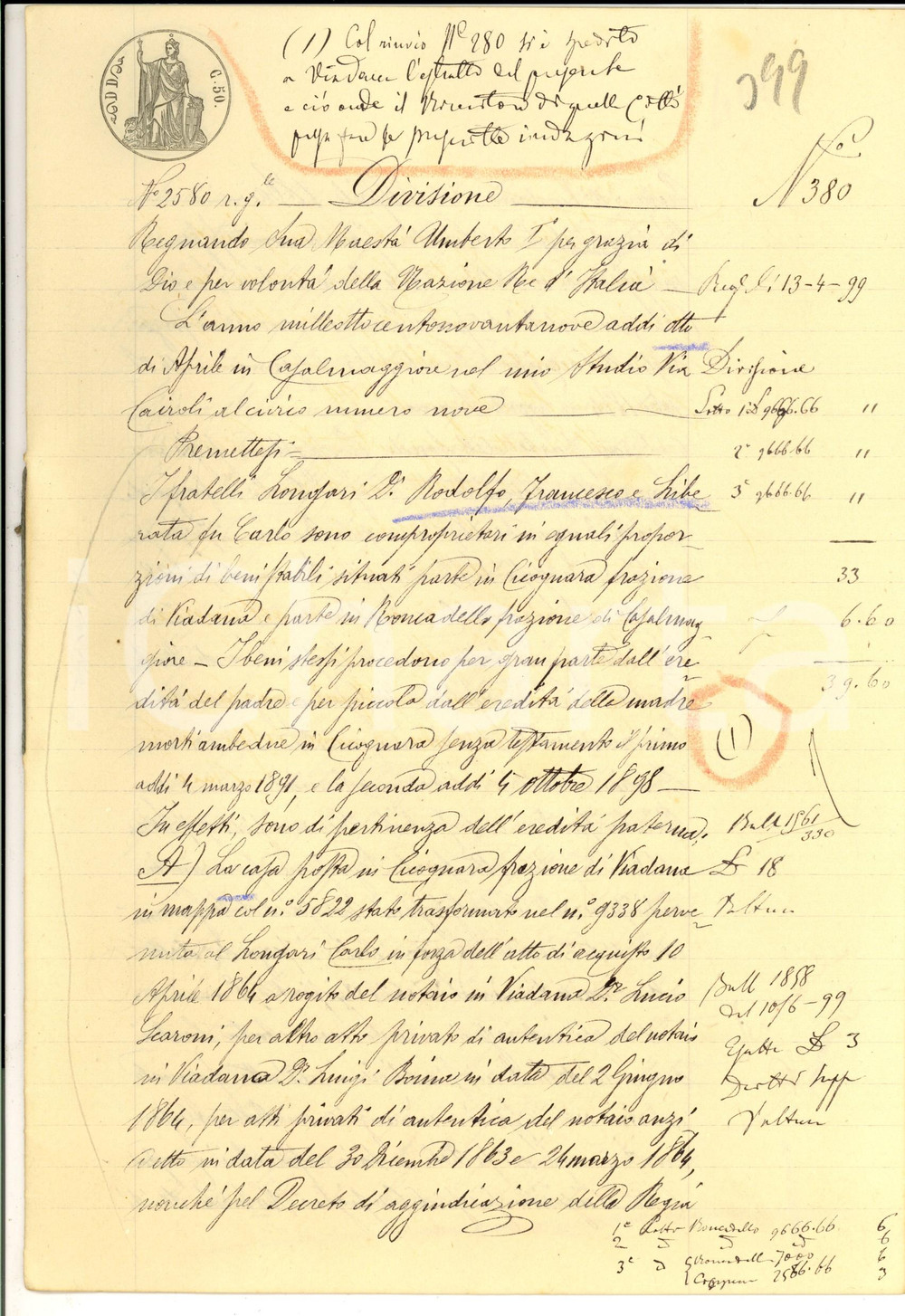 Documento originale, autentico 1899 CICOGNARA MN Divisione ereditaria Rodolfo, Francesco e Liberata LONGARI 1