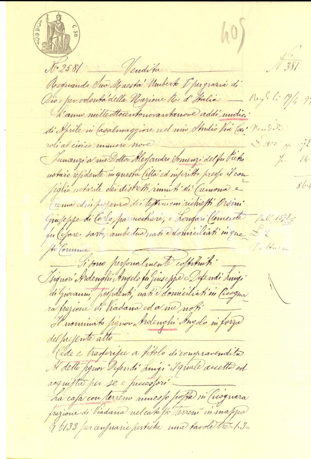 Documento originale, autentico 1899 CICOGNARA MN Angelo ARDENGHI vende casa con terreno a Luigi DEFEUDI 1