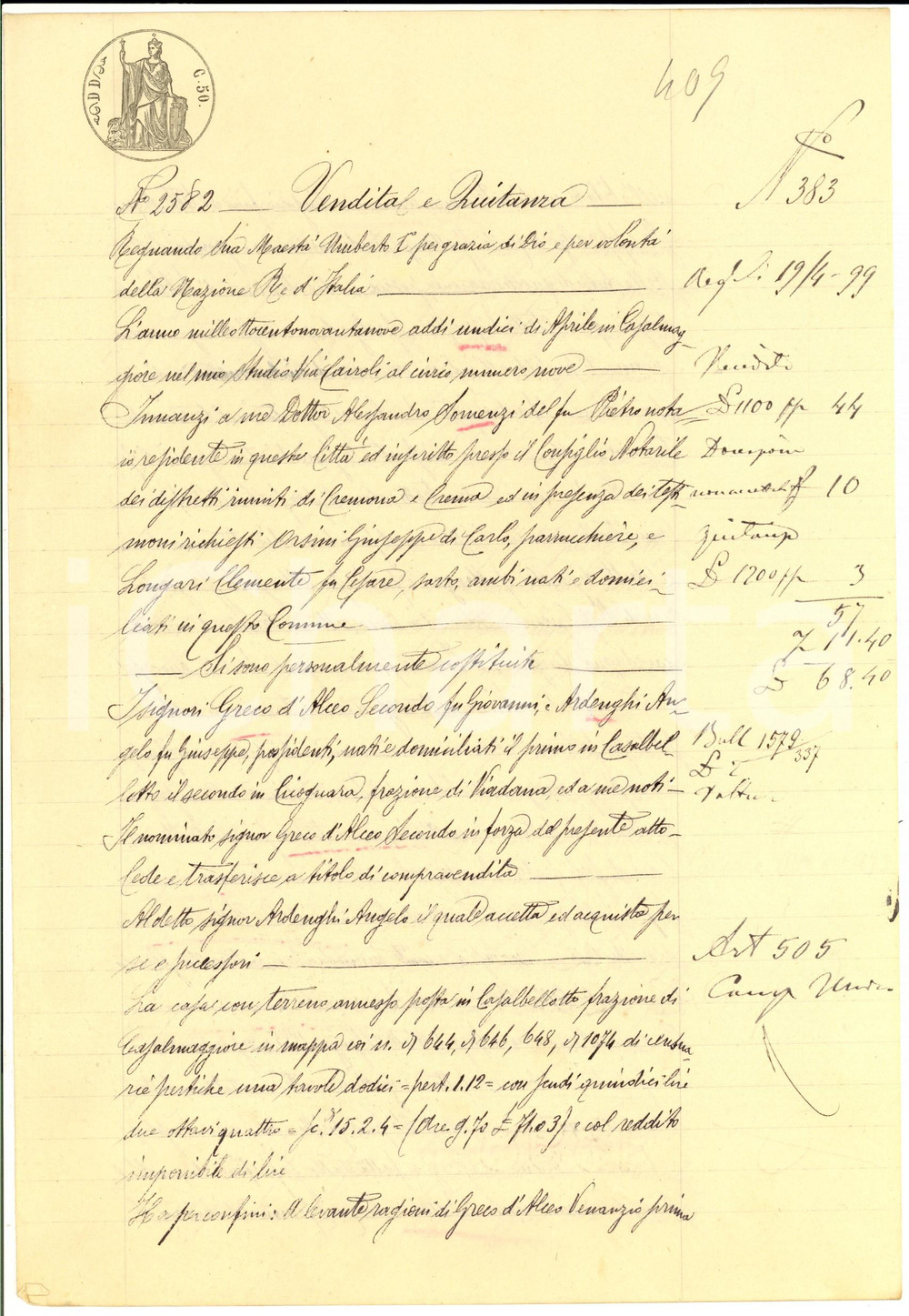 Documento originale, autentico 1899 CASALBELLOTTO CR Secondo GRECO D ALCEO vende casa ad Angelo ARDENGHI 1