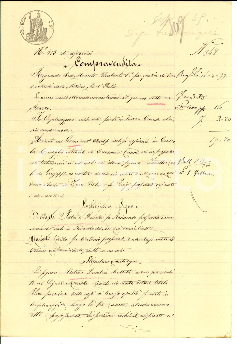 Documento originale, autentico 1899 CASALMAGGIORE Pietro e Demetrio BELLETTI vendono casa a Cirillo MARIOTTI 1